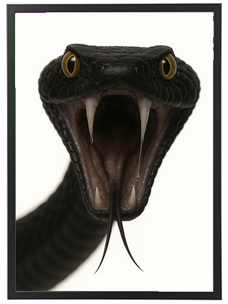 Et nærbillede af en sort slange, der viser sine skarpe tænder og udstøder spyt.