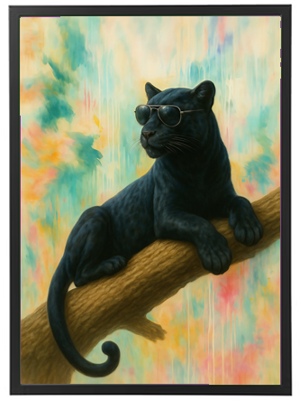 En sort panter iført solbriller, der ligger afslappet på en gren med en farverig baggrund.