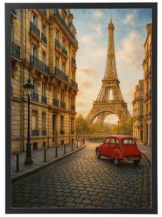 Et malerisk gadebillede med en rød bil og Eiffeltårnet i baggrunden under en gylden himmel.