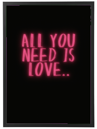 Billedet viser en neonlignende tekst på sort baggrund med budskabet All You Need Is Love...