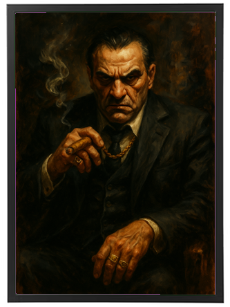 Et portræt af en alvorlig mand iført jakkesæt, der holder en pibe og ser intenst på beskueren.