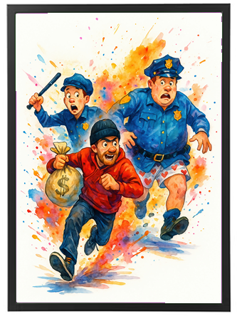 En humoristisk illustration af en mand, der stjæler penge og bliver jagtet af to politibetjente.