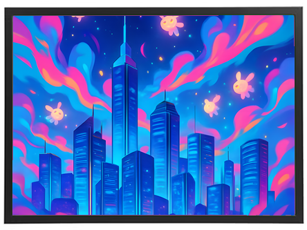 Et livligt og farverigt bylandskab med høje skyskrabere og drømmende skyer.