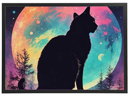 Et farverigt billede af en katte-silhuet foran en storslået, farverig måne og stjerner.