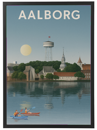 Illustration af Aalborg med vand, bygninger og en solrig himmel.