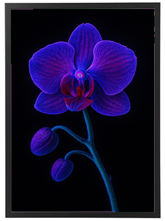 En detaljeret og farverig fremstilling af en lilla orkidé med knopper, på sort baggrund.