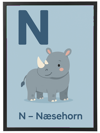 Et farverigt billede af et næsehorn med bogstavet N, designet til læring.