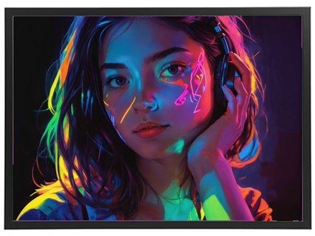 Et digitalt portræt af en ung kvinde med hovedtelefoner, belyst af neonfarver.