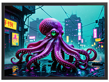 En farverig blæksprutte med grønne øjne står på en regnvåd gade i en neonbelyst by.