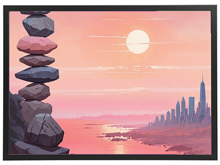 Et kunstnerisk billede af stablede sten mod en smuk solnedgang over en by.