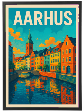 Et farverigt kunstværk, der viser Aarhus smukke bygninger og kanal.