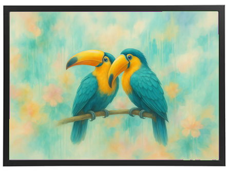 To farverige tukaner sidder tæt sammen på en gren, omgivet af bløde, pastelagtige blomster.