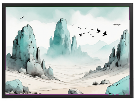 En stiliseret illustration af en ørken med høje klipper og fugle, der flyver over landskabet.