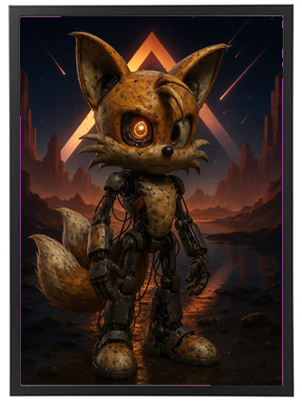 Et robotisk ræv med mekaniske dele og en lysende øje står i en futuristisk, dramatisk baggrund.