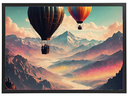 To luftballoner svæver over en farverig bjerglandskab med en malerisk himmel.