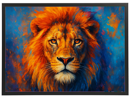 Et nærbillede af en løve med en strålende orange manke og en farverig, abstrakt baggrund.