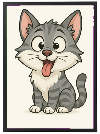En charmerende, tegnet kat med grå striber, store øjne og en glad udtryk.