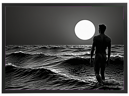 En mand står i vandet, mens månen lyser op over bølgerne i en dramatisk sort-hvid komposition.
