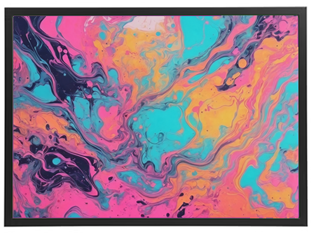 Et livligt abstrakt maleri med flydende mønstre i pink, blå og orange nuancer.