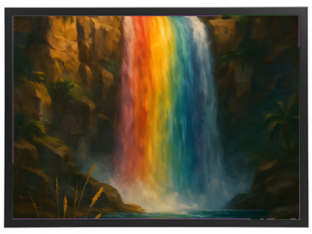 Et malerisk billede af et farverigt vandfald med regnbuefarver, omgivet af klipper og vegetation.