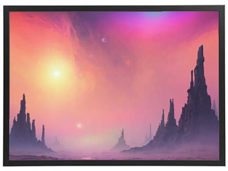Et surrealistisk landskab med høje klippeformationer og en drømmende, farverig himmel.