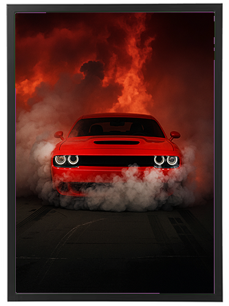 En kraftfuld rød bil, der kører gennem røg og flammer, skaber en dramatisk scene.