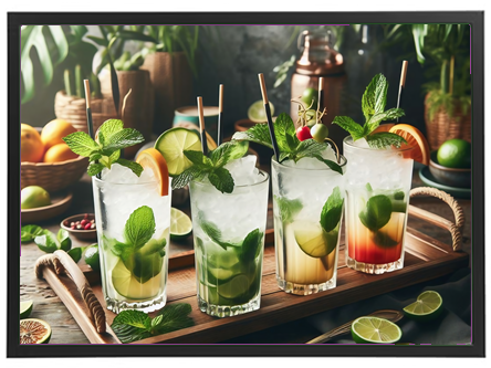 Fire farverige mojito drinks serveret på en træbakke, omkranset af friske ingredienser.