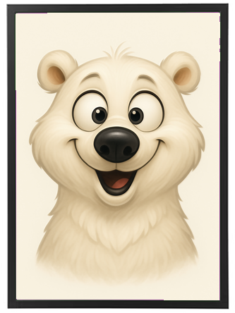 En sød, tegnet isbjørn med et stort smil og venlige øjne.