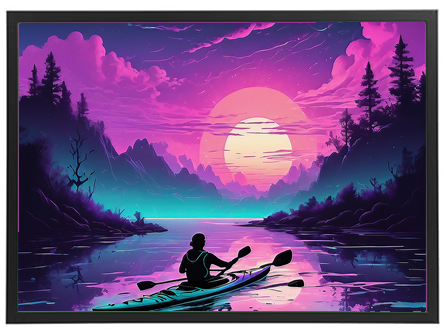 En person i en kajak sejler gennem en smuk, farverig sø ved solnedgang, omgivet af bjerge og træer.