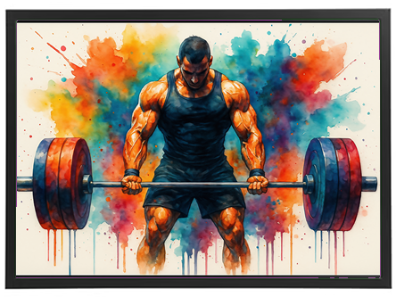 En muskuløs mand løfter en vægtstang med en farverig, abstrakt baggrund.
