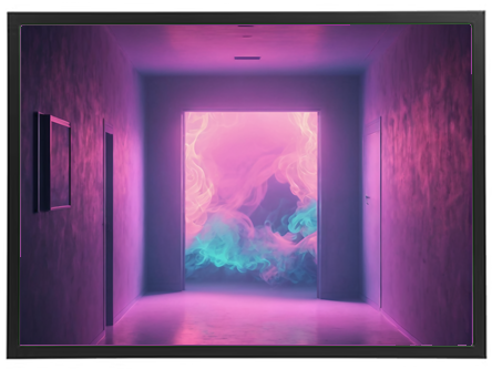 Billedet viser en futuristisk korridor med en lysende dør, der udsender farvet røg.