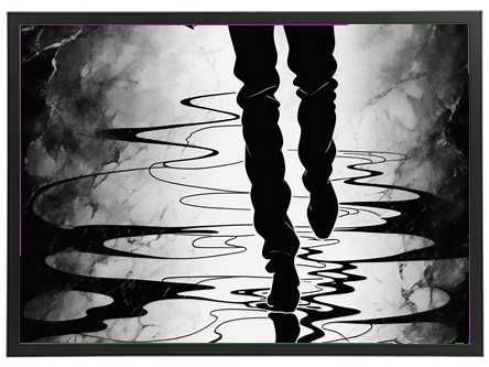 Et stiliseret billede af en person, der går på vand, med refleksioner i en abstrakt stil.