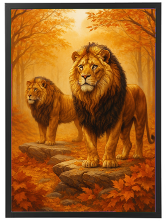 To imponerende løver står på en sten omgivet af gyldne efterårsblade.