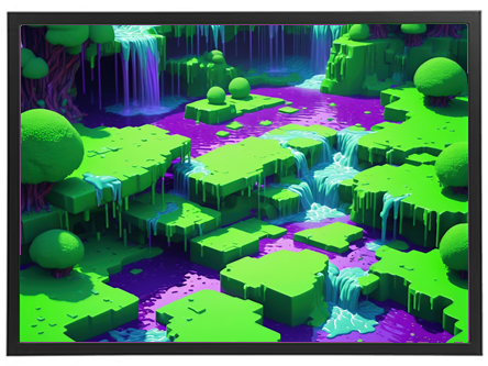 Et farverigt, digitalt landskab med grønne former, vandfald og en violet sø.