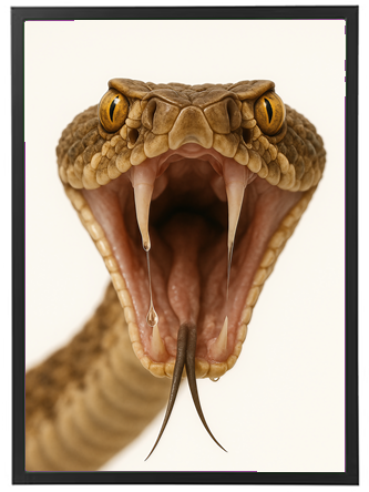 Et nærbillede af en slange med åben mund, fremhævende dens skarpe tænder og karakteristiske farver.