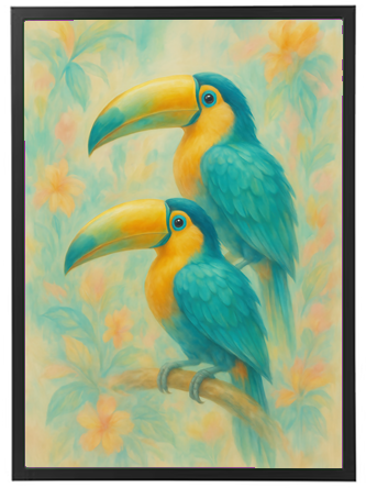 Et maleri af to tukaner med farverige fjer, omgivet af blomster og grønne nuancer.