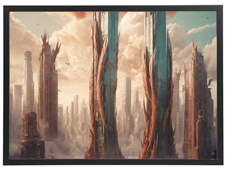 En dramatisk skyline med høje skyskrabere, der er omfavnet af naturen.