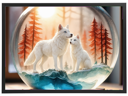 En smuk snebold med to ulve, omgivet af sne og røde træer i en vinterlig scene.