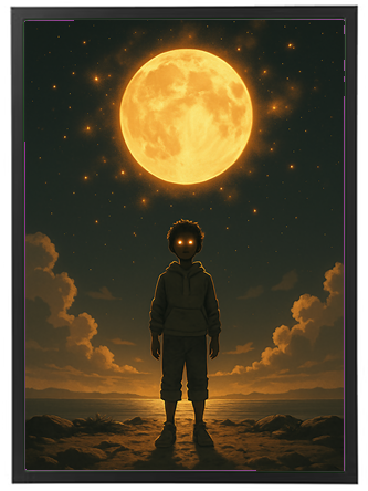 Et mystisk billede af en dreng, der står ved vandet under en stor, lysende måne, omgivet af stjerner.