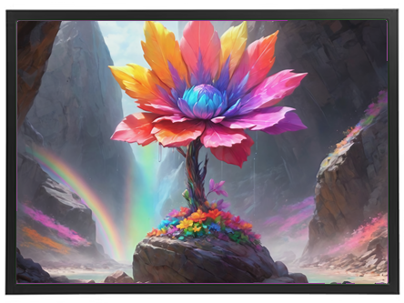 Et fantasifuldt landskab med en stor, farverig blomst på en klippe, omgivet af vandfald og regnbuer.