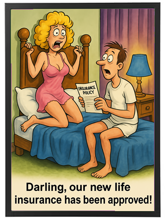 Et sjovt øjeblik mellem et par, der reagerer på godkendelsen af deres livsforsikring.