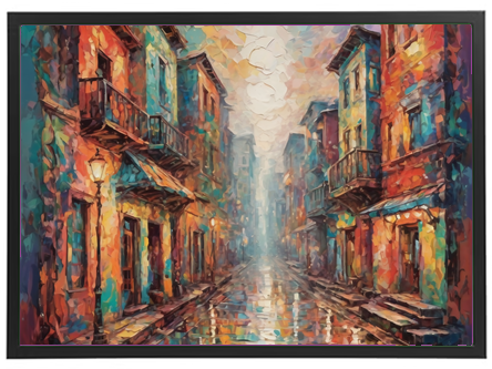 En livlig og farverig gade med maleriske bygninger og reflekterende vandpytter.