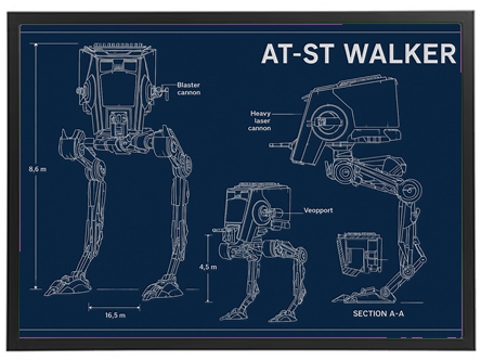 En teknisk tegning af AT-ST Walker fra Star Wars, med detaljerede målinger.