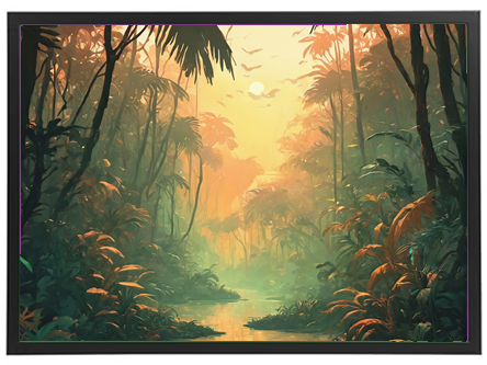 En farverig og mystisk skovscene med frodige planter og en stille vandvej under en gylden solopgang.