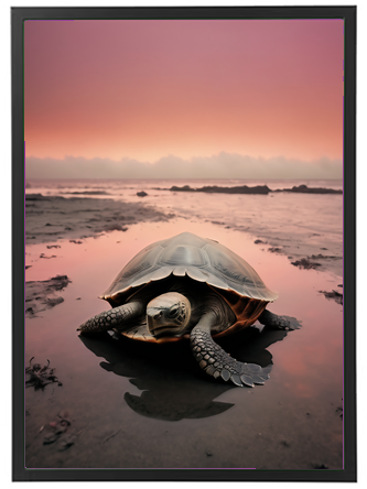 En skildpadde står på stranden ved vandkanten, omgivet af en smuk solnedgang.