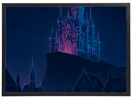 Et storslået slot oplyst af neonlys, beliggende på en klippe med mørke skyer i baggrunden.