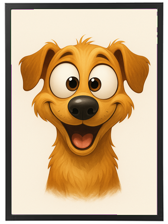 En tegneserieagtig hund med en stor smilende ansigtstræk og glade øjne.