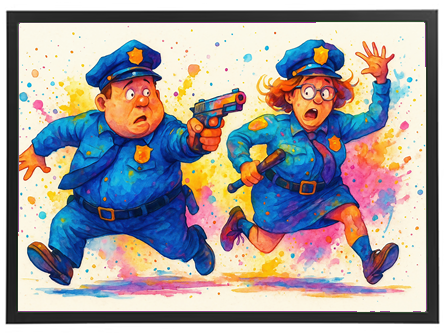Et humoristisk billede af to betjente, der løber med et pistol og en klub, omgivet af sprøjt af farver.