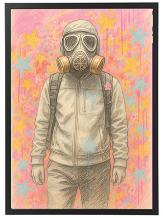 En person iført en gasmaske og rygsæk står foran en farverig baggrund med stjerner.