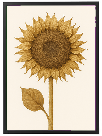 En stiliseret illustration af en solsikke med detaljeret blad og stængel.